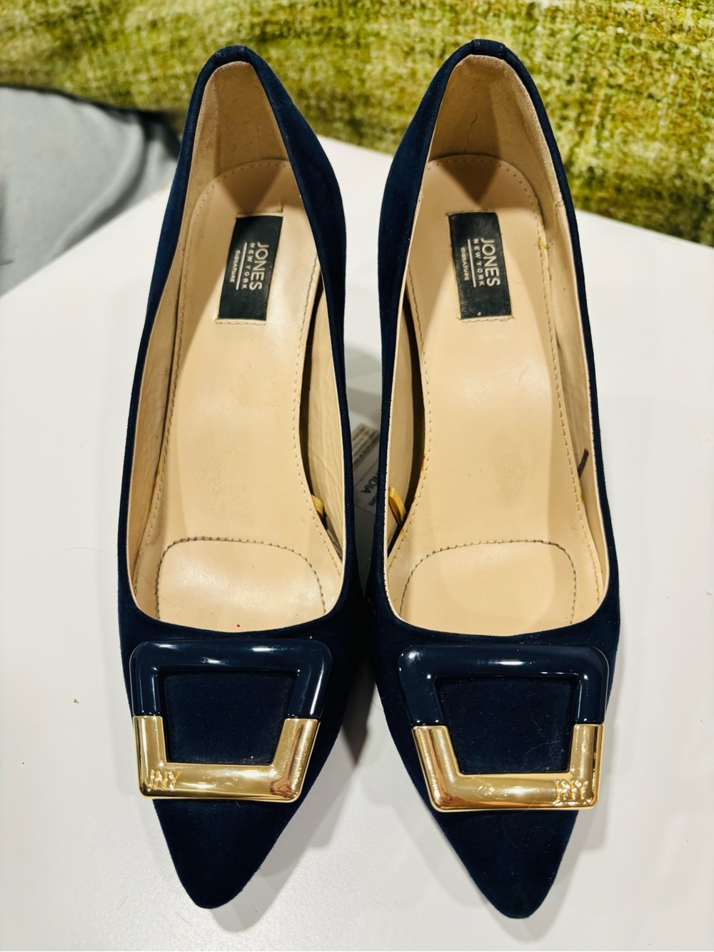 Jones New York Navy Pointed Pumps with Gold Buckle Trim